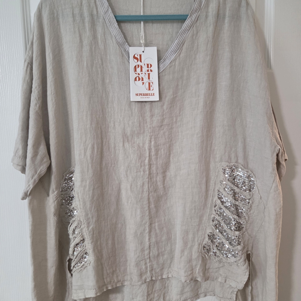 Superbelle Italy 100% Linen Beige  Sequin Pocket V-Neck Relax Fit Women's Top.